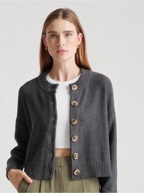 Quince Charcoal Organic Cotton Gray Button-Front Cropped Cardigan Small